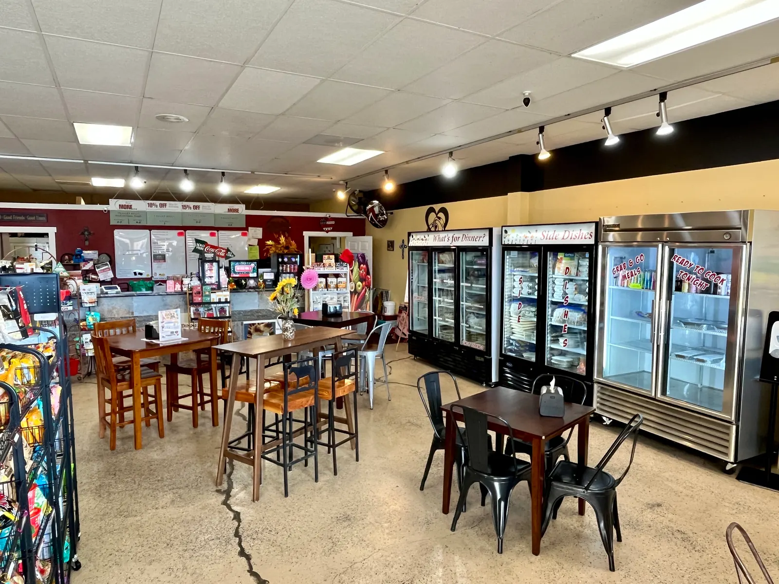 Seating area and meal freezers inside Dinners Done Right